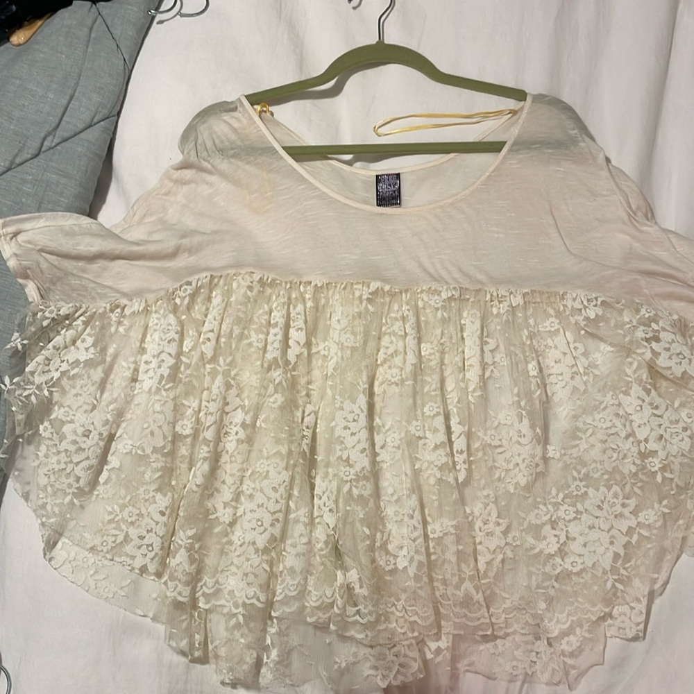 Free People Lace Top Ivory Short Sleeve casual Boho Small Scoop neck